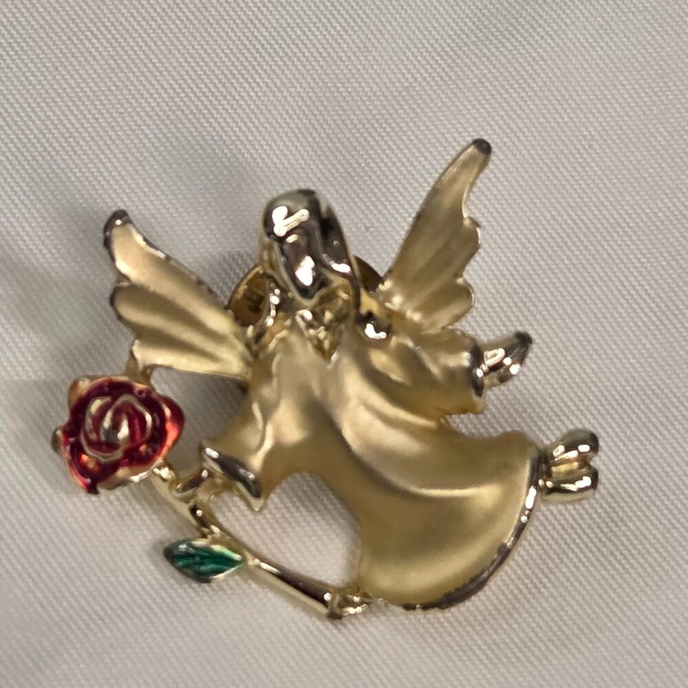 Vintage Gigio Giusti Angel Brooch Pin Red Rose Flower Religious Guardian Signed